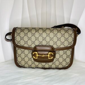 GUCCI 1955 Horsebit Shoulder Bag GG Supreme Canvas Brown Gold Hardware